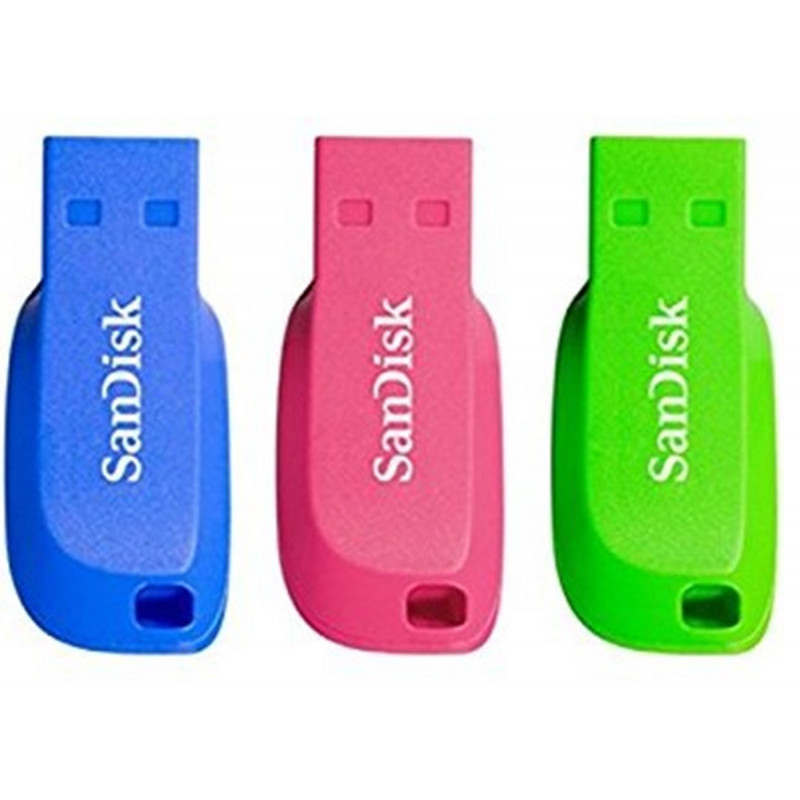 SanDisk Pack 3 Clés USB 2.0 couleur Cruzer Blade 32Go Bleu Rose Vert