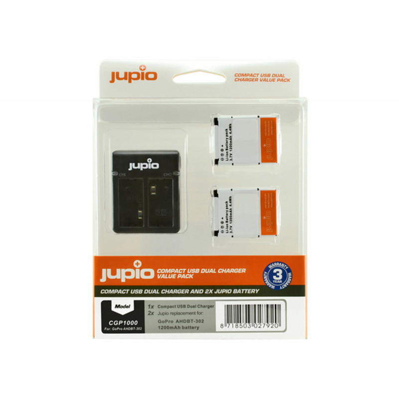 Jupio Value Pack 2x Batterie GoPro AHDBT-302 HERO3+ 1200mAh + Chargeu