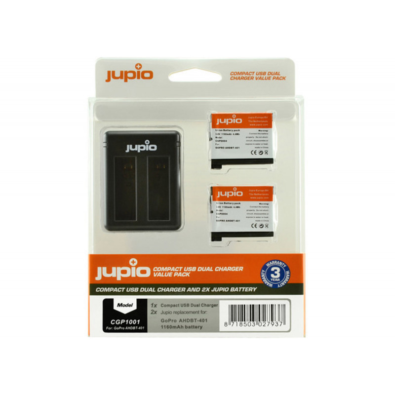 Jupio Value Pack 2x Batterie GoPro AHDBT-401 HERO4 1160mAh + Chargeur