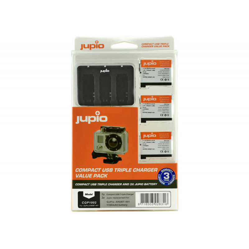 Jupio Value Pack 3x Batterie GoPro AHDBT-401 HERO4 1160mAh + Chargeur
