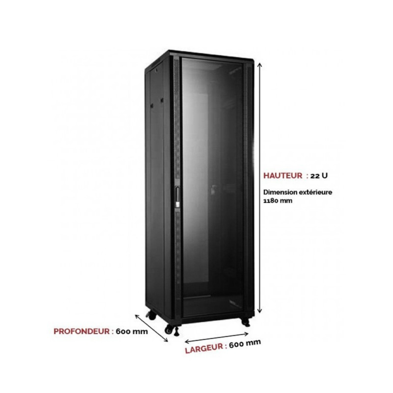 UPTEC - Baie 19  22U 600x600 charge 800Kg porte AV vitrée AR pleine