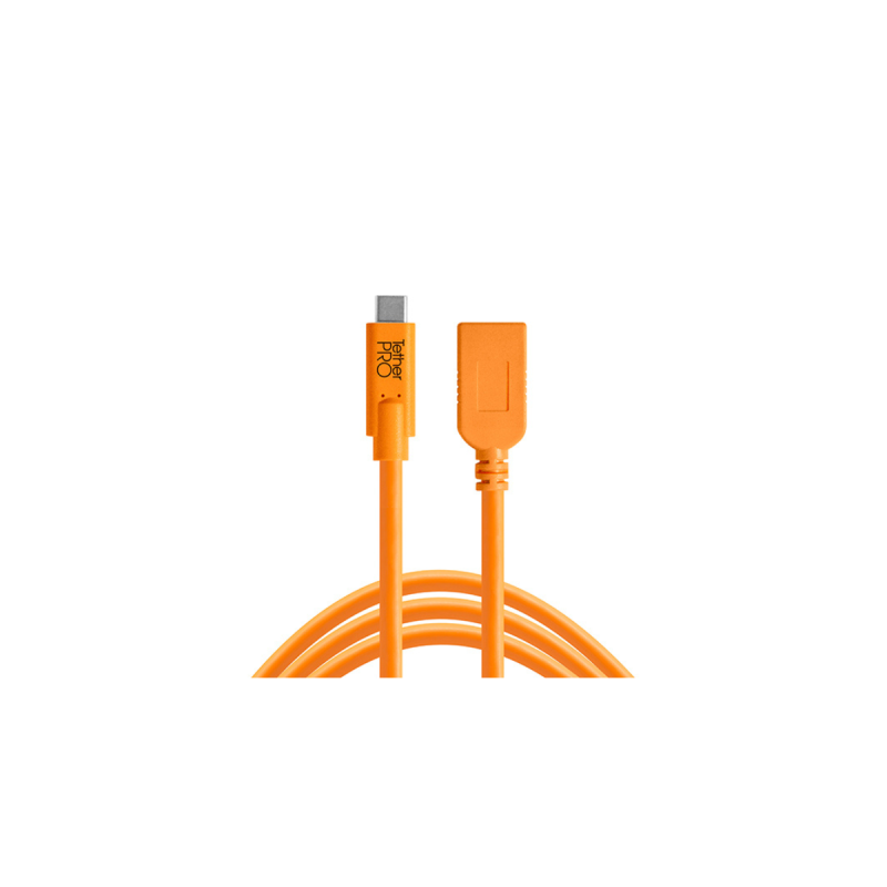 TetherPro USB-C to USB Female Adapter (extender), 15' (4.6m), Orange