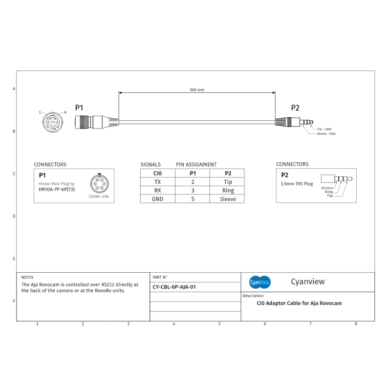 CyanView 50cm adapter cable for Aja Rovocam. Provides RS232 data.