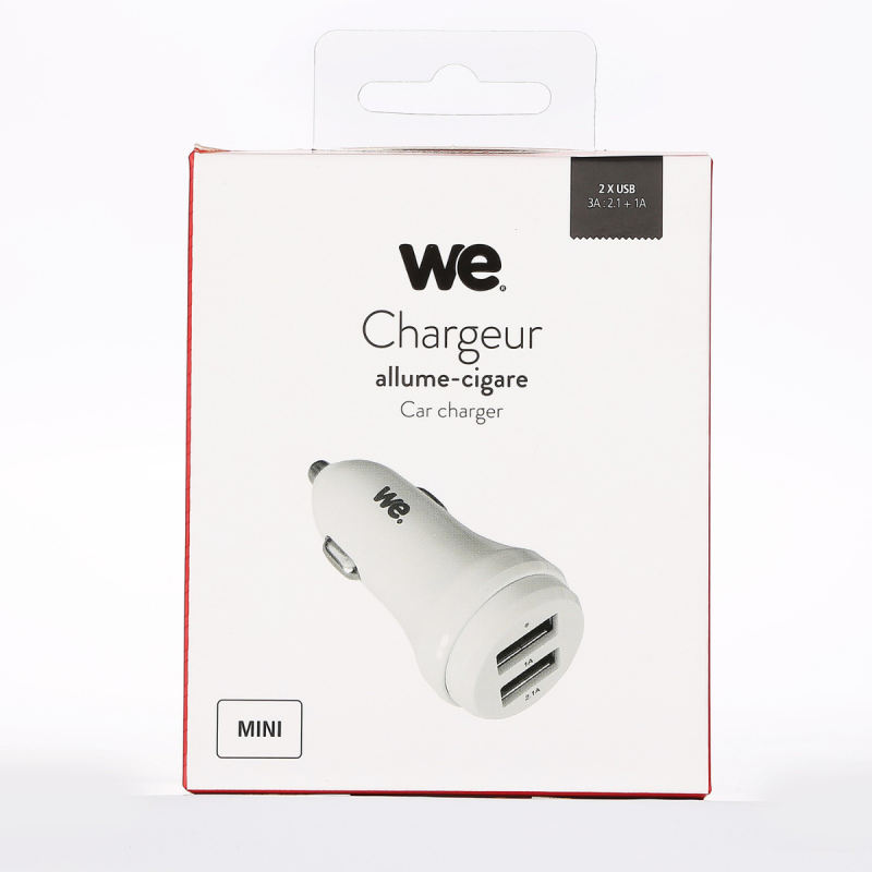 WE Chargeur allume-cigare 2 USB 2 ports USB 2.1A + 1A blanc