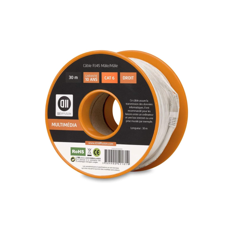 D2 DIFFUSION Bobine câble RJ45 droit M CAT6 -30m