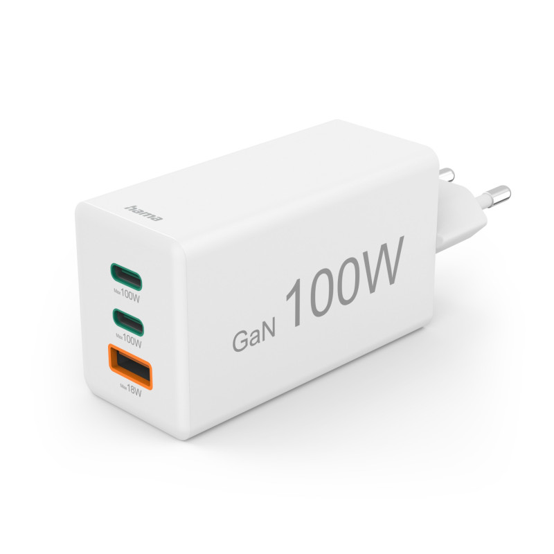 Hama Chargeur rapide GaN 2 USB-C 1 USB-A mini-chargeur PD 100 W blanc