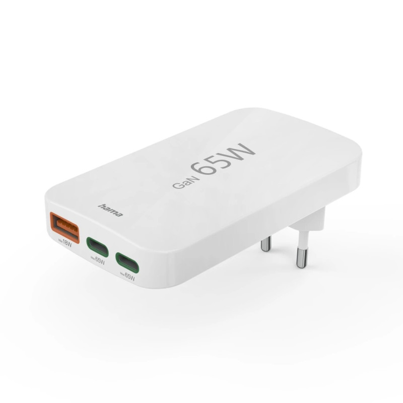 Hama Chargeur rapide 2 USB-C 1 USB-A mini-chargeur plat PD 65 W Blanc