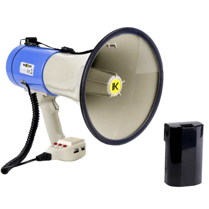 Makson Porte-voix 65W maxi. sirène. Enregistrement USB/SD/AUX + Batt